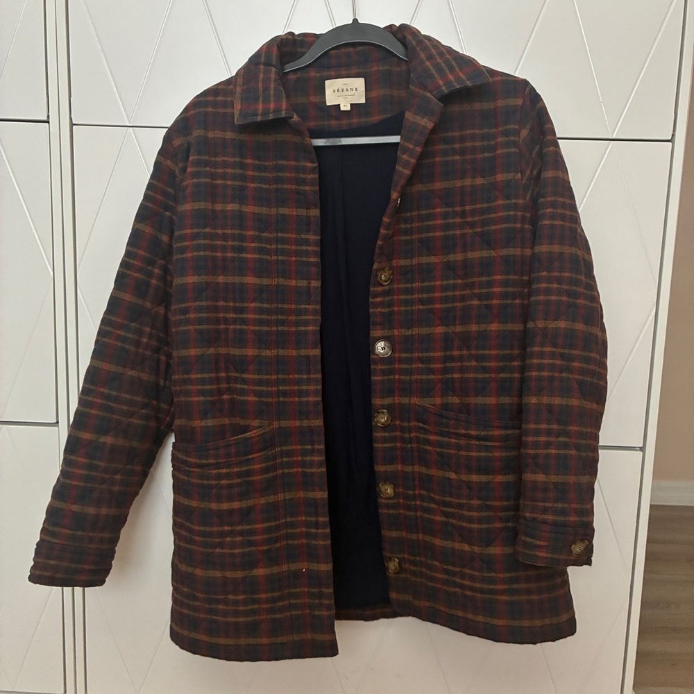 Sezane Quilted Will Jacket - Ivan Burgundy Tartan, XS